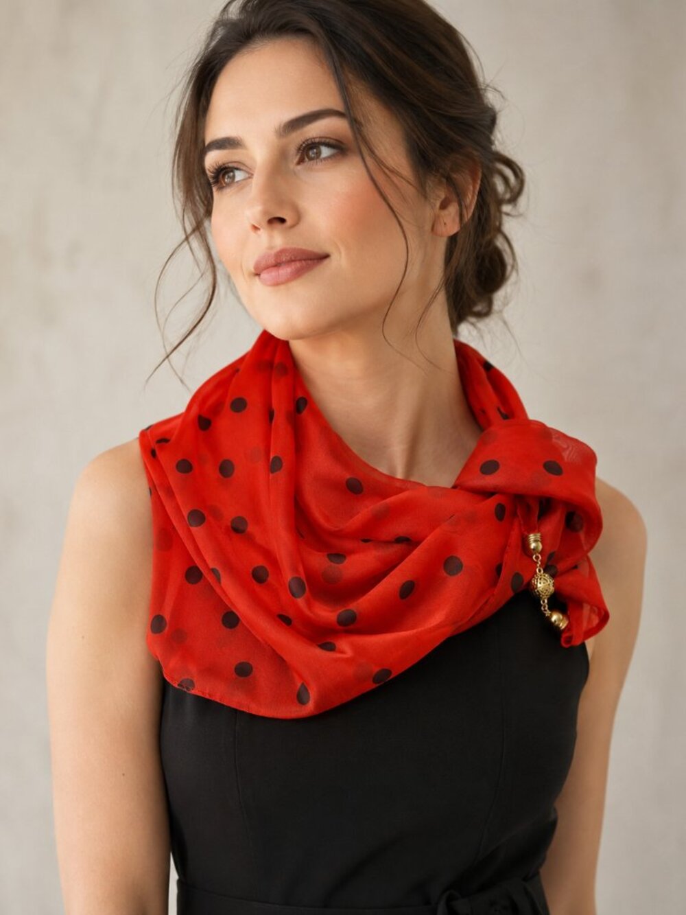Red Black Polka Dot Scarf Gold Charm Detail Lightweight Elegant Wrap